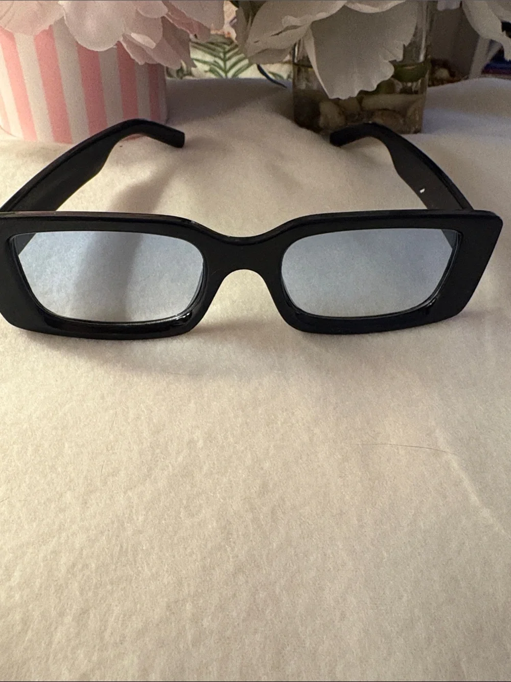 Rectangular Black Retro Sunglasses with light Baby blue lens.